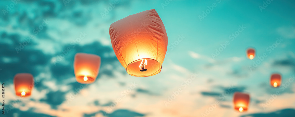 Poster a cluster of lit candles are soaring through the sky, creating a warm and serene atmosphere. the can