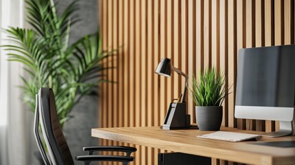 Cozy home office with wooden wall, ergonomic chair, and potted plant, showcasing modern and functional workspace design.
