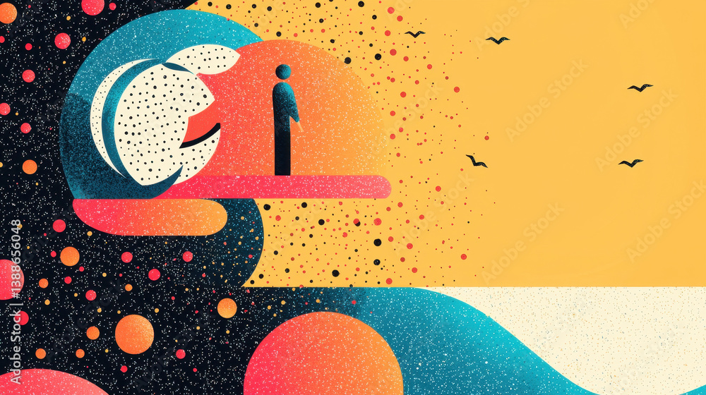 Poster a person stands on a cliff edge overlooking a vibrant ocean scene with abstract shapes and copy spac