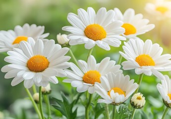 Fototapeta premium Fresh White Daisies Blooming Under Soft Sunlight in a Lush Green Garden Setting