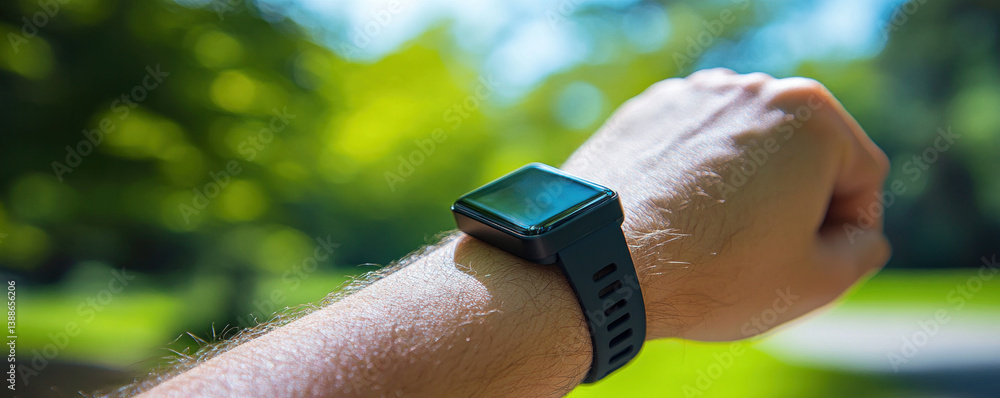 Aufkleber a person is wearing a smart watch and is looking at it. the watch is black and has a square face. th