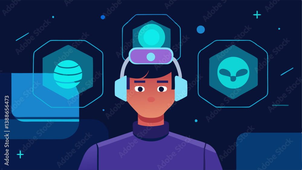 Poster personalized tips a closeup of a player looking at various holographic panels with aigenerated perso