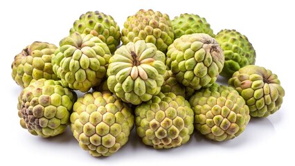 A Closeup of a Pile of Fresh Green Cherimoyas on White Background