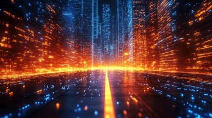 Abstract digital cityscape with blue and orange glowing light patterns