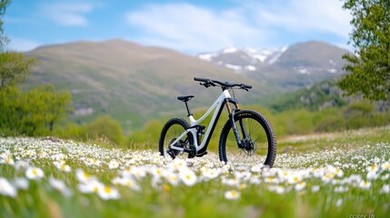 Obraz premium Mountain bike in a field of flowers