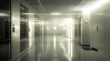 Fototapeta premium Long brightly lit server room corridor filled with racks and cabinets