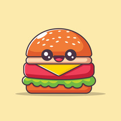 Cute Burger Cartoon Vector Icon Illustration. Food Object Icon Concept Isolated Premium Vector. Flat Cartoon Style