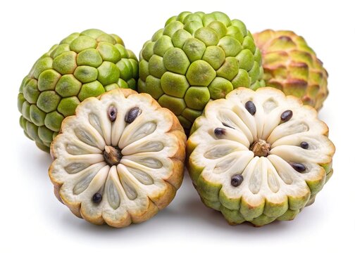 Closeup of ripe cherimoya fruits whole and halved showing seeds and flesh texture