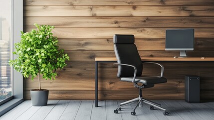 Cozy home office with wooden wall, ergonomic chair, and potted plant, showcasing modern and functional workspace design.
