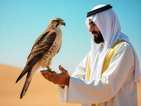 Man Holding Falcon in Desert Showcases Arabian Tradition and Heritage