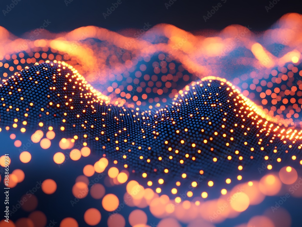 Poster luminous interconnected nodes forming a futuristic undulating landscape