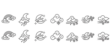 Collection of weather icons in line style. Weather forecast, clouds, sunny day, wind, snowflakes, sun, rain, thunderstorm, dew, breeze, moon. Weather forecast icons for web and mobile applications. 