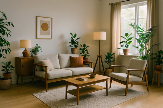 Modern Indian living room with indoor plants, wooden furniture and warm lighting &ndash; daylight photography