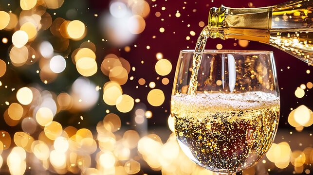Celebratory toast with champagne festive event drinks sparkling bokeh background close-up viewpoint