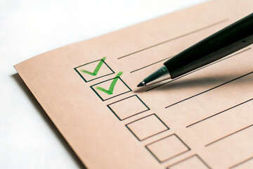 check box and pen, Checklist with green ticks symbolizing compliance in ESG practices. Pen marks completed tasks on paper