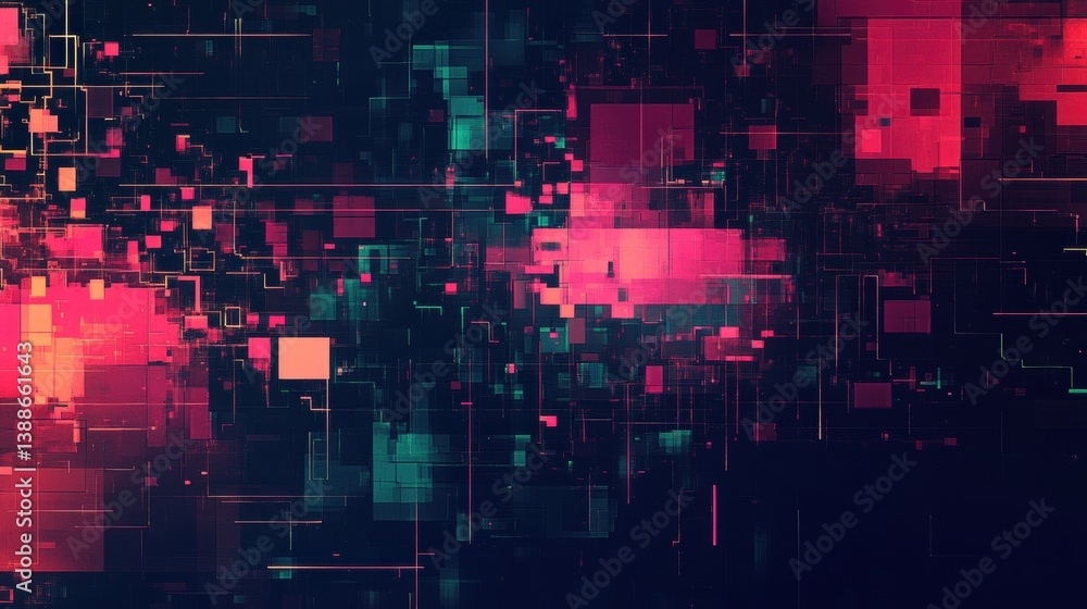 Poster Dynamic abstract pixelated digital pattern with structured gaps showcasing a modern cybernetic theme and vibrant high-contrast color scheme