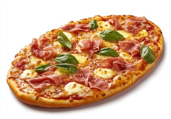Oval-shaped pizza with prosciutto and basil.  Melted mozzarella, crispy crust, savory flavors