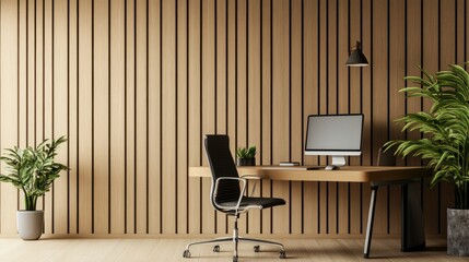 Cozy home office with wooden wall, ergonomic chair, and potted plant, showcasing modern and functional workspace design.
