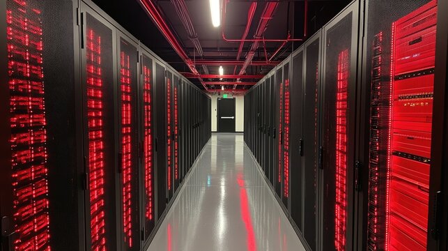 A long hallway with rows of server racks glowing red