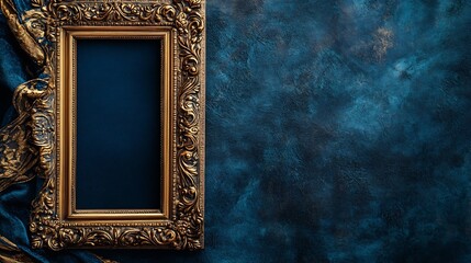 Vintage style ornate picture frame with intricate golden details set against a deep blue velvet background radiating elegance and sophistication