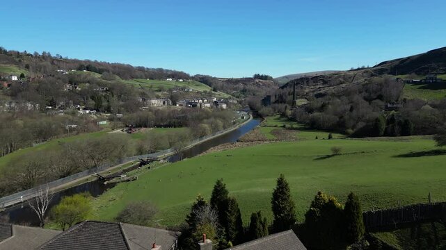 Drone shot of Todmorden town in the Upper Calder Valley in Calderdale, West Yorkshire, England, UK