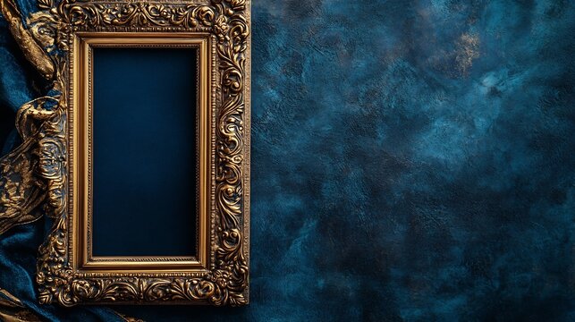 Vintage style ornate picture frame with intricate golden details set against a deep blue velvet background radiating elegance and sophistication