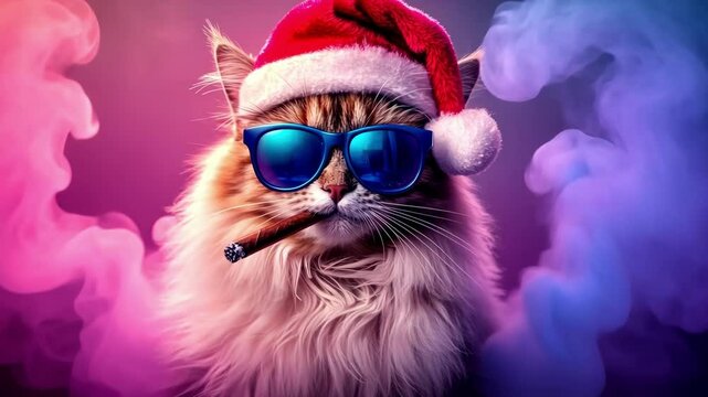 Cool cat in santa hat with sunglasses and cigar against colorful smoke