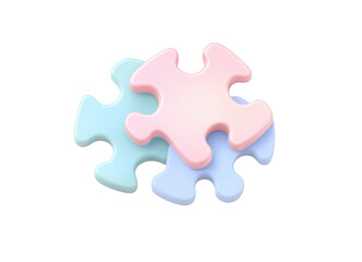 Obraz premium 3D icon of three colored puzzle pieces, in pastel colors, with a transparent background