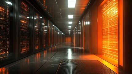 Data center hallway lit with orange hues and glowing lights