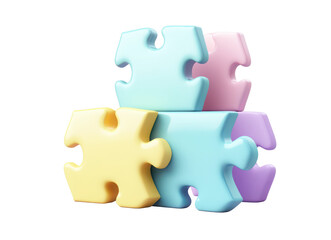 3D icon of three colored puzzle pieces, in pastel colors, with a transparent background