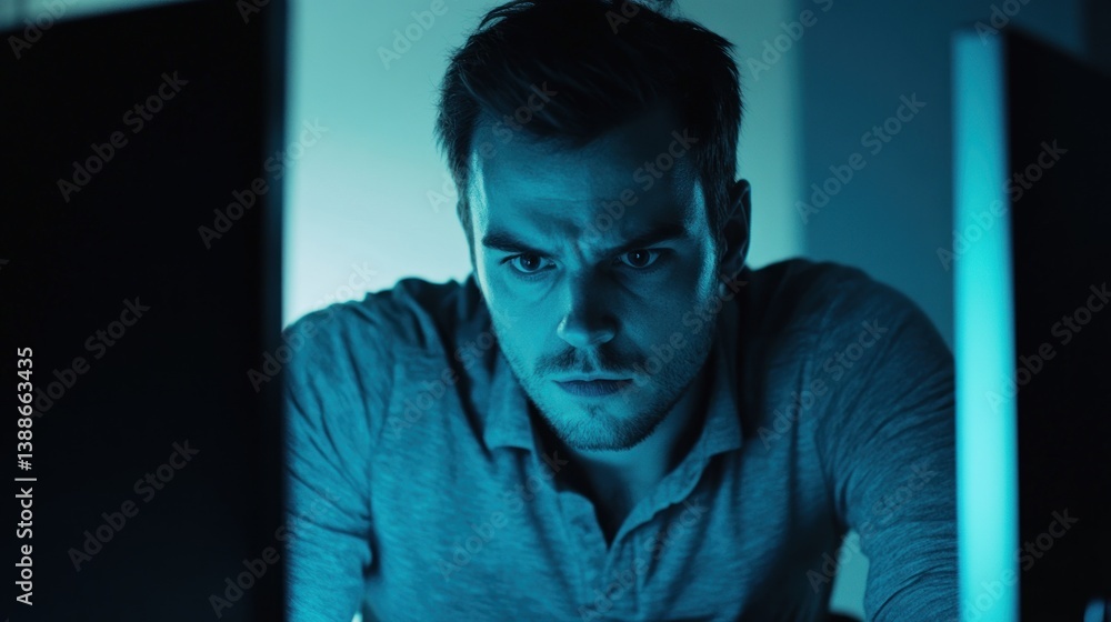 Poster focused man working intently at computer in a dimly lit room