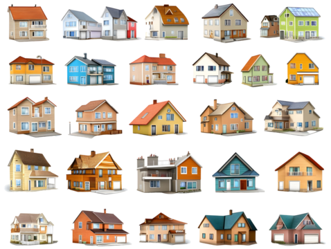 Illustration Of Various Houses In Different Styles And Colors On Transparent PNG