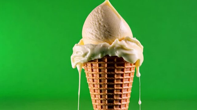 A scoop of vanilla ice cream in a cone on green screen