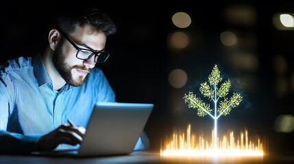 Innovative tech growth business professional analyzes data at night urban office digital art