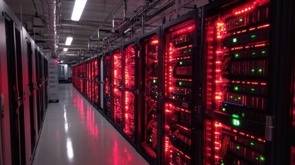 Fototapeta premium A brightly lit data center server room with red lighting present