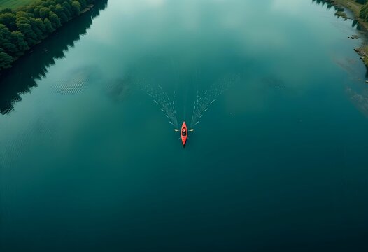 aerial view of red kayak on calm blue river with green banks