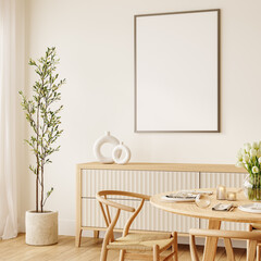 Modern and cozy dining room with wooden furniture, plants, and art