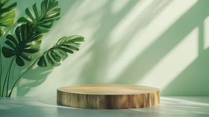Wooden podium with tropical leaves, soft shadows, minimalist display