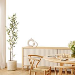 Free PNG wallpaper mockup in Interior Dining Room, Elegant and Modern Dining Room with Natural Light and Minimalist Decor., 3D rendering	
