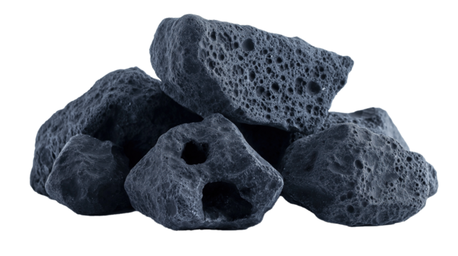 A Pile of Porous Black Lava Rocks. Isolated on Transparent Background