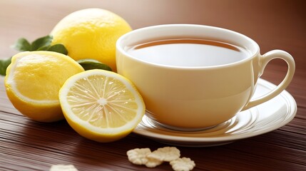 Refreshing Lemon Tea Cup with Sliced Lemons on Wooden Table