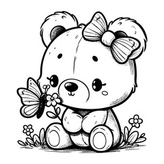 Fototapeta premium &nbsp;Cute bear with butterfly sketch portrait engraving black and white outline. Scratch board imitation. 