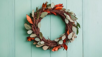 Autumnal Wreath with Red Orange Green Leaves on Teal Wood