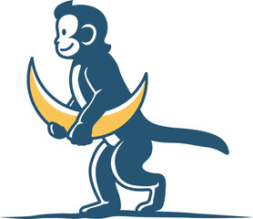a walking monkey carrying a crescent moon vector illustration