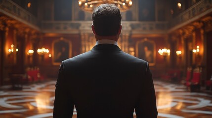 Man in suit enters grand hall. Ornate decor, lights, and chairs visible