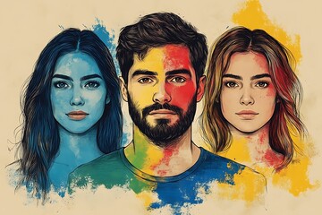 Fototapeta premium Diverse Group Portrait Man and Women with Splashes of Vibrant Color Background Art