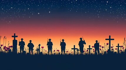 Fototapeta premium Sunrise glows behind soldier silhouettes and red poppy flowers symbolizing remembrance in a war memorial cemetery.