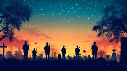 Fototapeta premium Sunrise glows behind soldier silhouettes and red poppy flowers symbolizing remembrance in a war memorial cemetery.