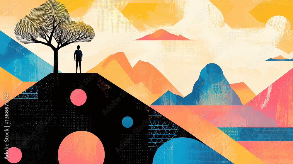 Poster abstract illustration of person on hilltop overlooking colorful mountains and floating islands with 