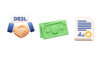 A cartoon deal handshake with de2l sign next to green money and contract document on black background png
